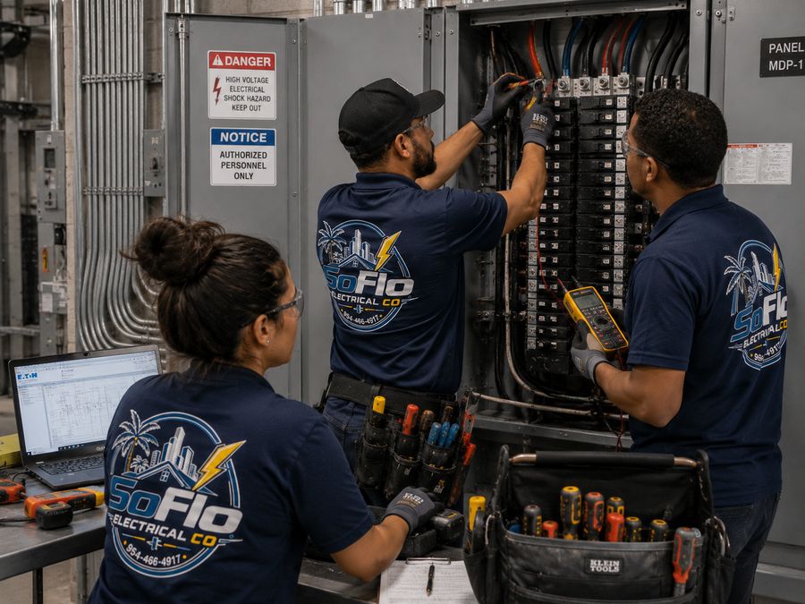 Crew servicing a commercial distribution panel