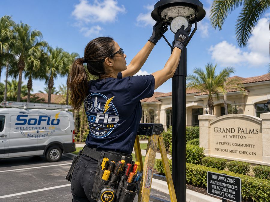 Electrician servicing a parking-lot pole light