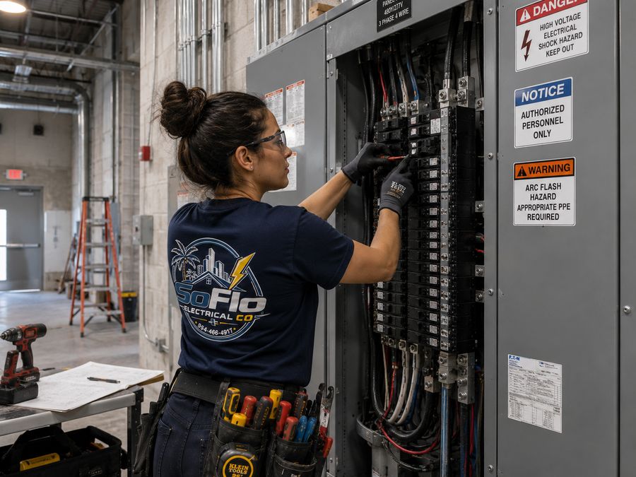 Electrician working on a 480V industrial panel